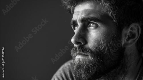Black and white portrait of a man with a beard, moody and lost in thought