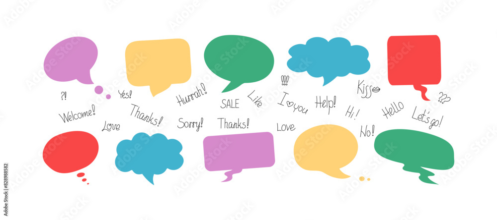 Phrases conversation in bubbles. Online chat clouds with various words, comments, information forms. Suitable for illustrating reactions. Vector illustration, doodle drawings with text. Phrases conversation in bubbles. Online chat clouds with various words, comments, information forms. Suitable for illustrating reactions. Vector illustration, doodle drawings with text.