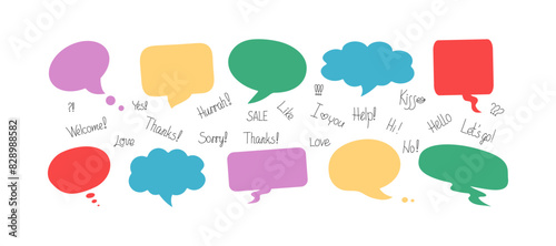 Phrases conversation in bubbles. Online chat clouds with various words, comments, information forms. Suitable for illustrating reactions. Vector illustration, doodle drawings with text.