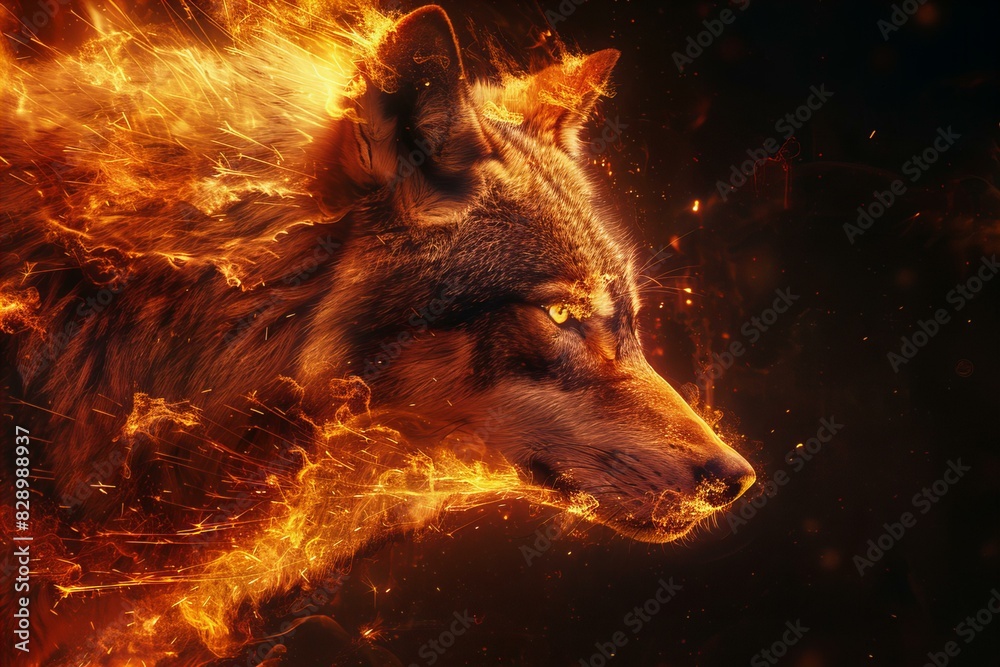 Digital artwork of the head of a wolf with fire and sparks against a black background