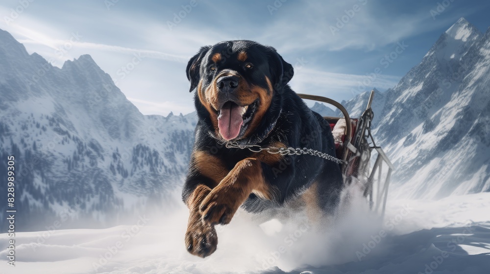 Powerful Rottweiler Dog Pulling Sled in Snowy Landscape with Pine Trees and Mountains, Displaying Strength and Determination Powerful Rottweiler Dog Pulling Sled in Snowy Landscape with Pine Trees and Mountains, Displaying Strength and Determination