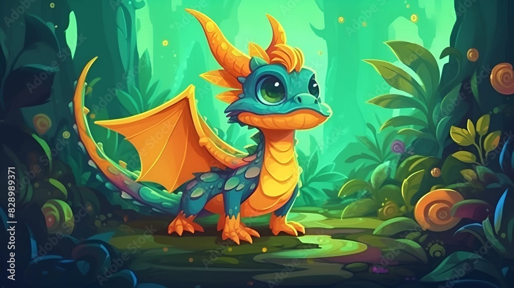 Cute dragon in the forest. Cartoon dragon. Cute dragon in fantastic light forest with plants