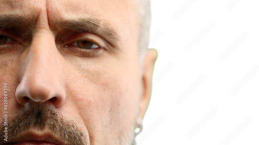 Fototapeta premium Man's face, in close-up, on a white background