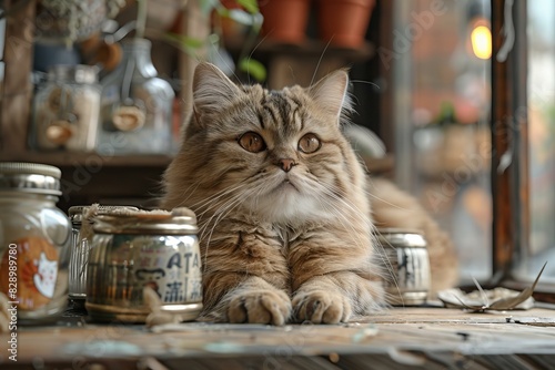 Crazy short haired cat on a table, high quality, high resolution photo