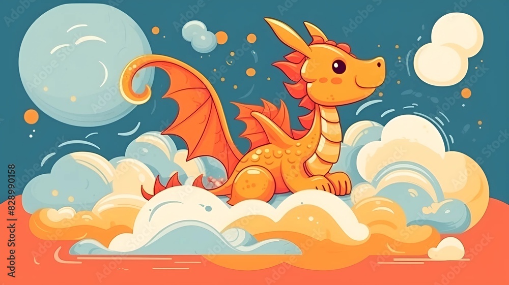 Fototapeta premium A cute dragon on a cloud. Beautiful colored dragon. Cute clouds.