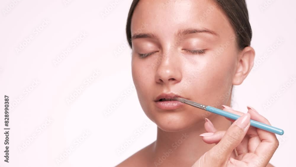 Make-up artist does lips make-up to a beautiful girl. Professional makeup and cosmetology skin care. Make-up artist does lips make-up to a beautiful girl. Professional makeup and cosmetology skin care.