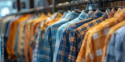 Display of checkered shirts in a lively clothing store. Concept Checkered Shirts, Clothing Store, Retail Display, Fashion Trends, Window Shopping photo