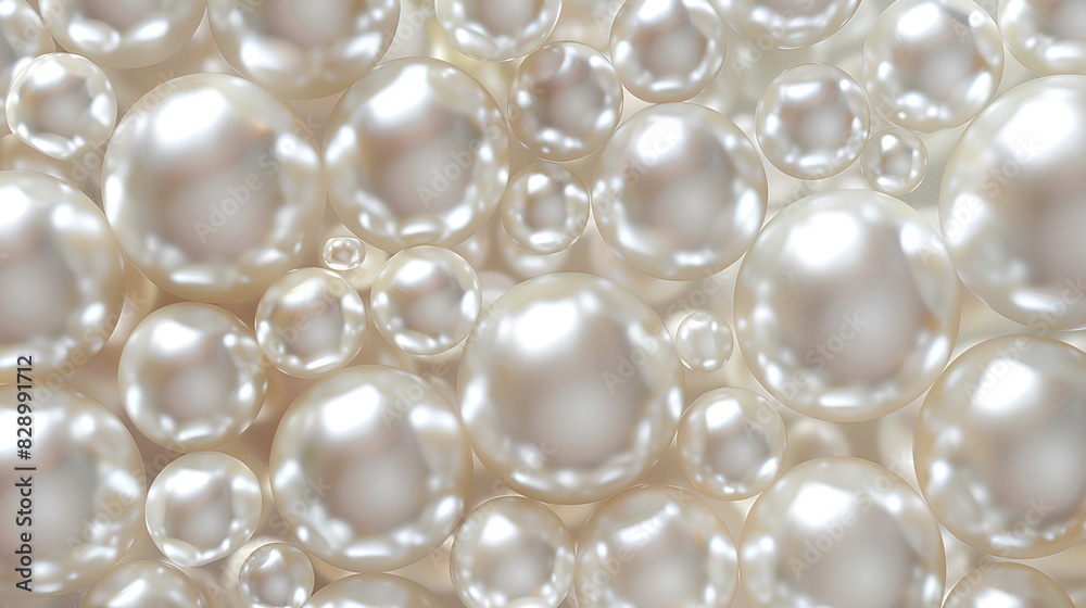 A pattern of pearls in various sizes, with each pearl reflecting light and creating an ethereal effect on the surface. The background is a soft white color to highlight the glossiness of the pearls. A pattern of pearls in various sizes, with each pearl reflecting light and creating an ethereal effect on the surface. The background is a soft white color to highlight the glossiness of the pearls.