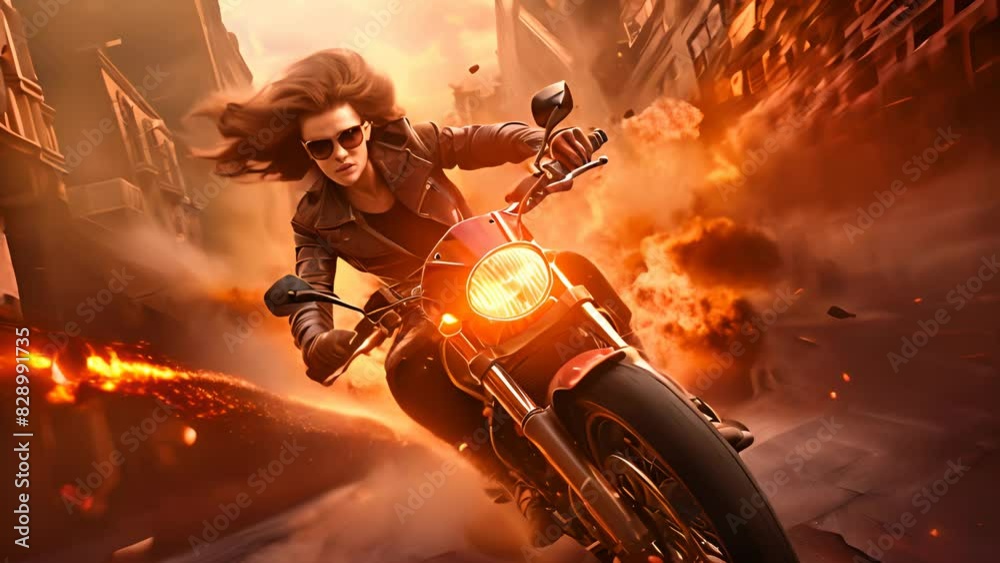 Action shot with woman on the bike riding away from fire and explosion. Dynamic scene in action movie blockbuster style