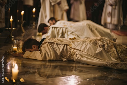 Catholic priests lying face down during the ordination ceremony. photo