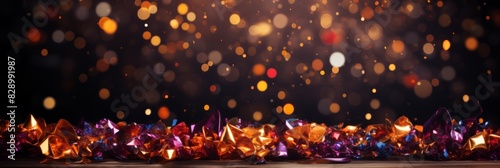 Sparkling Jewels on Dark Wooden Table with Festive Bokeh Lights photo