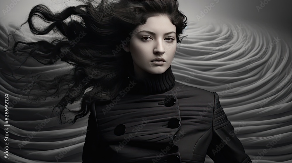 Beautiful female face with powerful silky hair and chic hairstyle. Perfect image of a beautiful brunette woman. Feminine image of natural beauty. Illustration for beauty and fashion magazine.