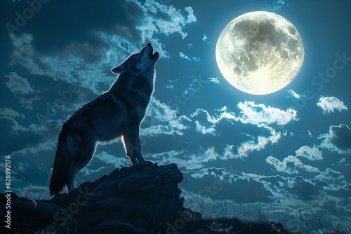 Digital artwork of wolf howling at the moon and moonlight with clouds on a mountain for image