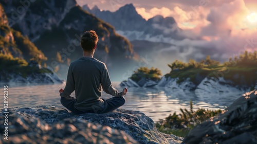 Man Practicing Mindfulness in Ultra HD Peaceful Natural Yoga Setting © mattegg