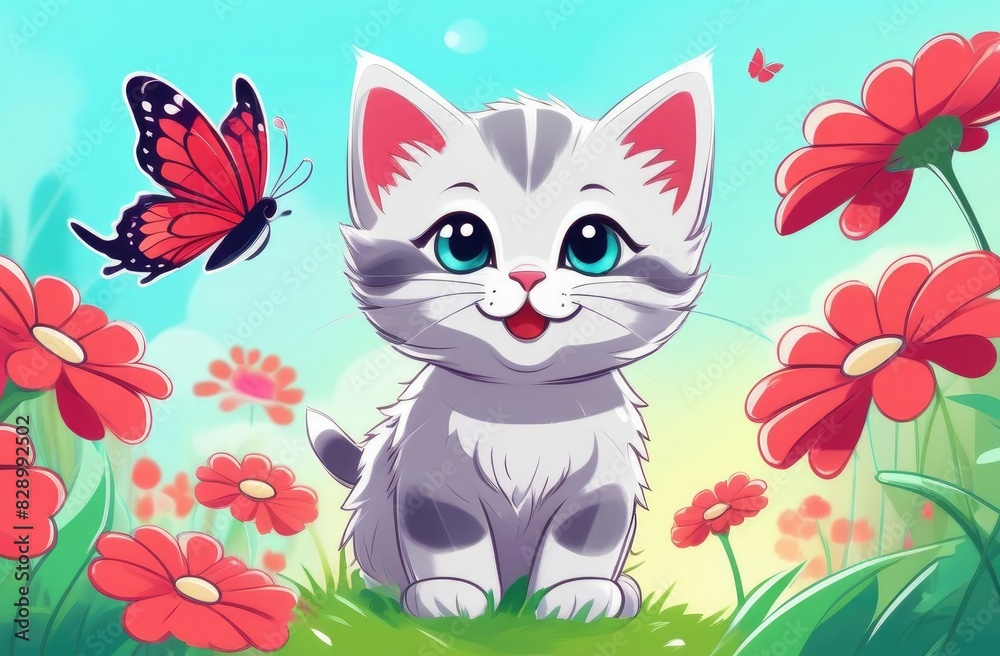 kitten in the middle of field flowers, butterfly is flying nearby. kitten in the middle of field flowers, butterfly is flying nearby.