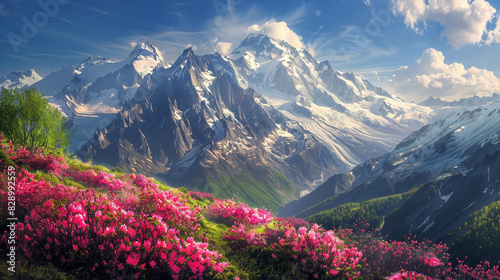 The sharp Alpine peaks of Mont Blanc with snow and glaciers soar above the spring meadows, where rhododendrons bloom - delicate fragrant spring flowers.