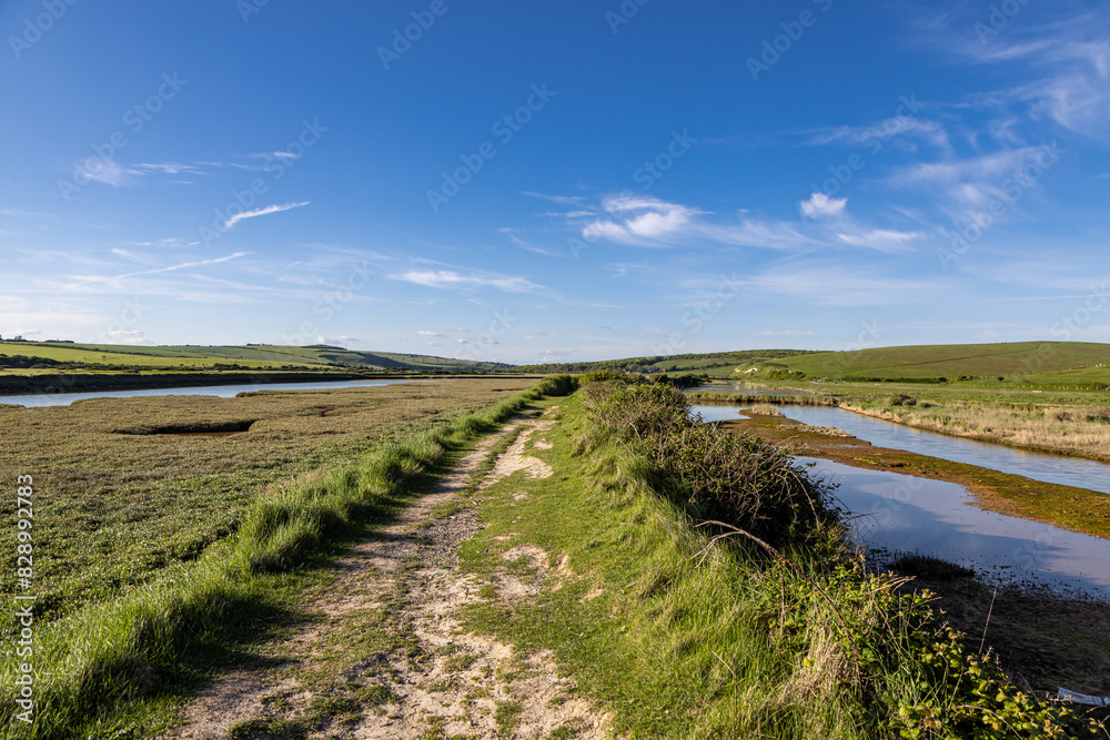 A South Downs view along the Cuckmere River, on a sunny spring day