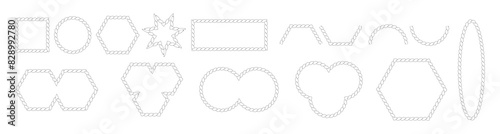 Vector rope frames set with editable stroke. Borders of different geometric shapes. Collection of isolated elements on transparent background.