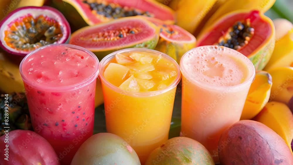 An assortment of tropical fruits such as papaya passion fruit and guava are used in refreshing fruit juices and smoothies. An assortment of tropical fruits such as papaya passion fruit and guava are used in refreshing fruit juices and smoothies.