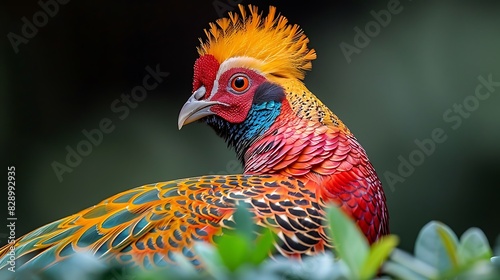 adult male Golden Pheasant Chrysolophus pictus with goldenyellow crest and red body native to China Asia photo
