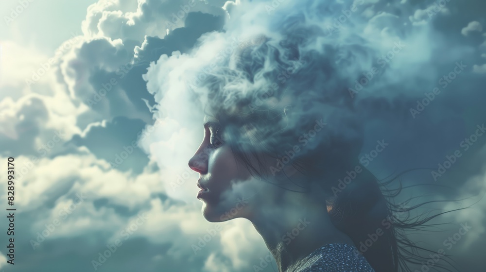 Psychology Theme: Young Woman with Racing Thoughts and Memory Loss AI-Generated Image