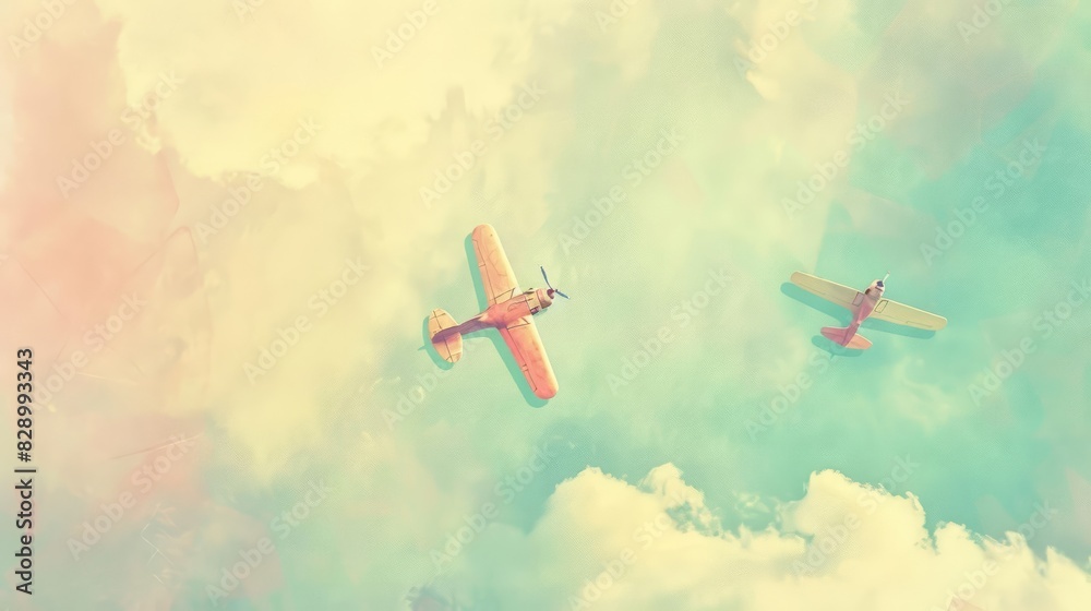 Fototapeta premium Two vintage airplanes soaring in the pastel sky, surrounded by fluffy clouds, capturing a nostalgic and serene moment in flight.