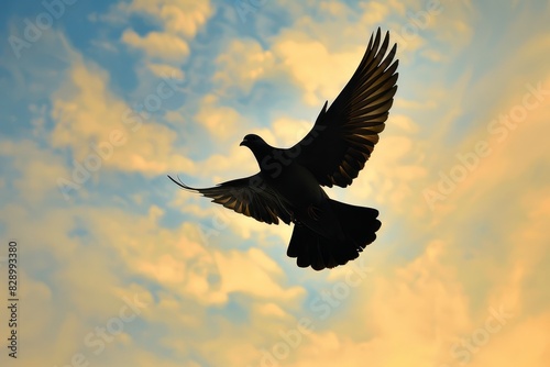 A soaring dove in silhouette, capturing Memorial Day peace in a minimalist concept close up, symbolic tribute, dynamic, blend mode against a vast sky backdrop