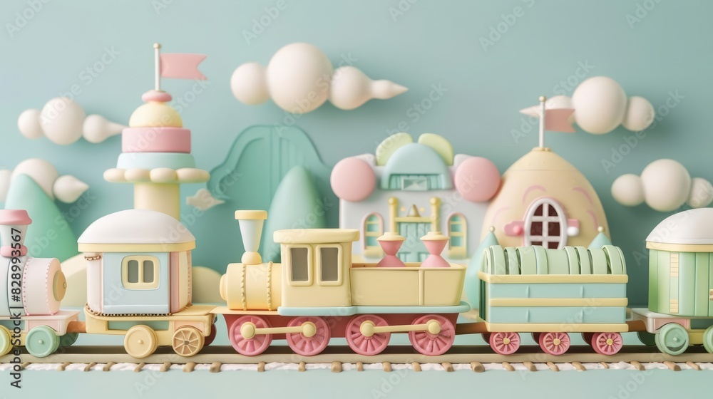 Colorful toy train set against a whimsical backdrop of pastel buildings and clouds, perfect for children's themes. Colorful toy train set against a whimsical backdrop of pastel buildings and clouds, perfect for children's themes.