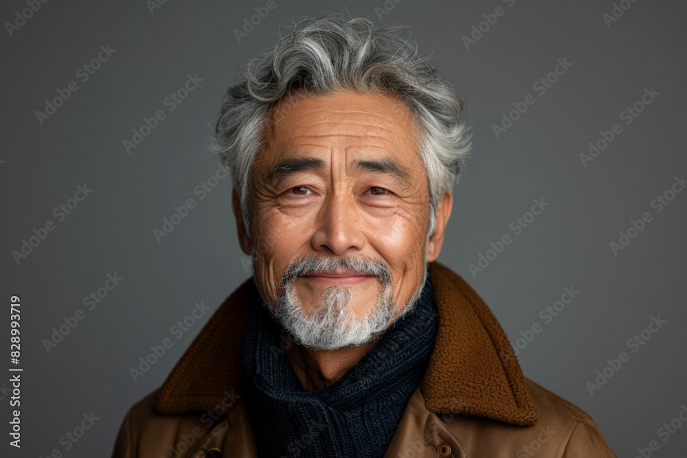Grey-haired asian 60-70 years old man in brown jacket against dark gray background with copy space