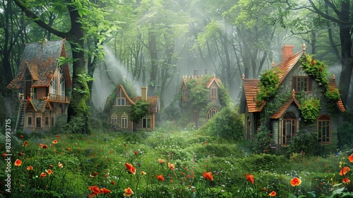 A fairytale village in the forest with many miniature houses covered with moss. Fantasy landscape. Concept of unreal world. Illustration for cover, greeting card, interior design, decor or print.