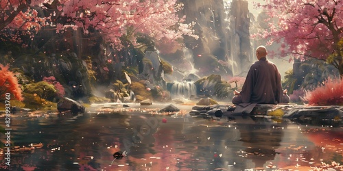 Zen Meditation in a Cherry Blossom Garden, generative ai
