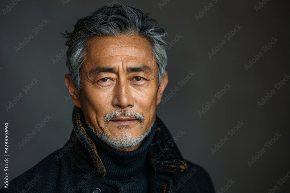 Asian 50-60 years old man in black coat with grey hair against dark gray background with copy space Asian 50-60 years old man in black coat with grey hair against dark gray background with copy space