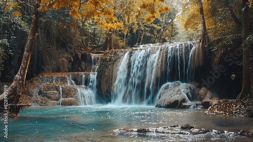 Waterfall in autumn forest at Erawan National Park  Thailand.