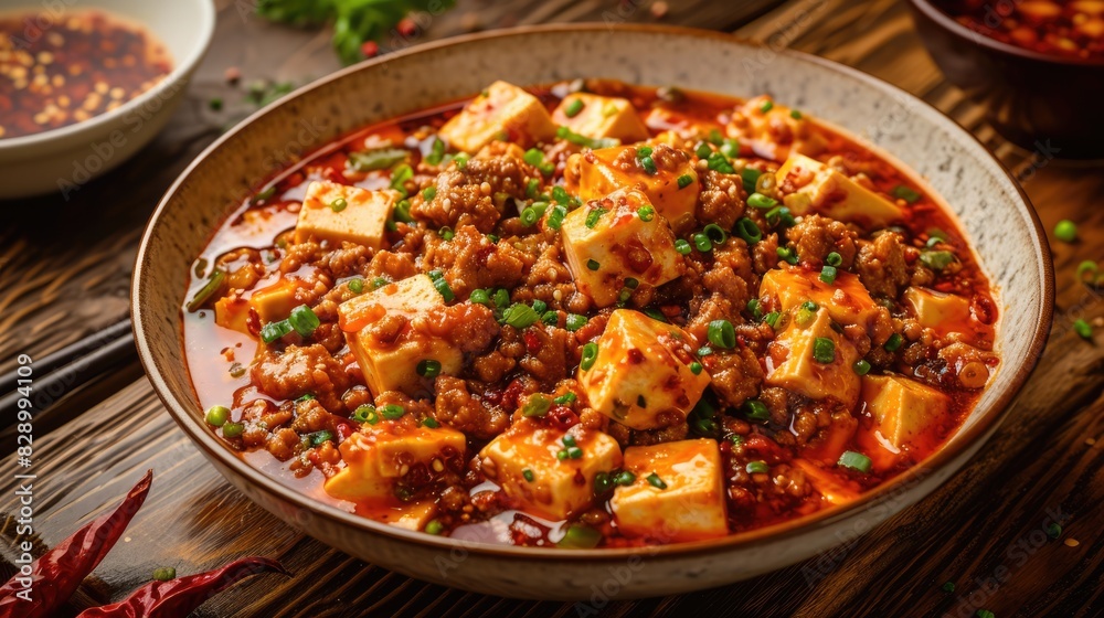 close up view of Mapo Tofu. dish with its tofu cubes, minced meat, and spicy sauce, classic Sichuan dish. close up view of Mapo Tofu. dish with its tofu cubes, minced meat, and spicy sauce, classic Sichuan dish.