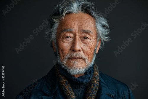 Asian 70-80 years old man wearing grey hair and scarf against dark gray background with copy space