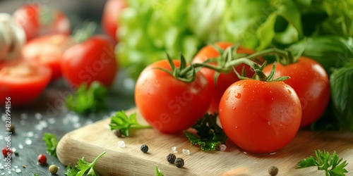 Fresh ripe tomatoes with water droplets, sitting on a wooden cutting board surrounded by green herbs