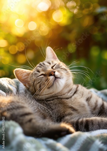 Joyful Cat , enjoy sunny day, summer yard on background