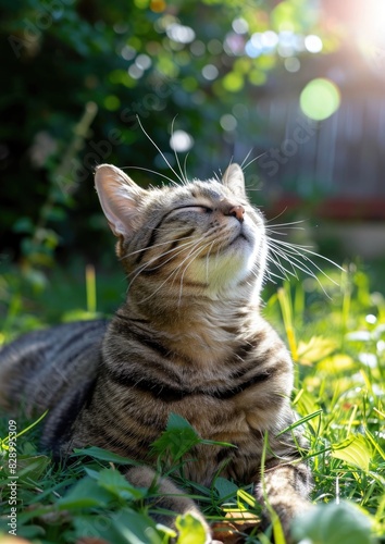 Joyful Cat , enjoy sunny day, summer yard on background