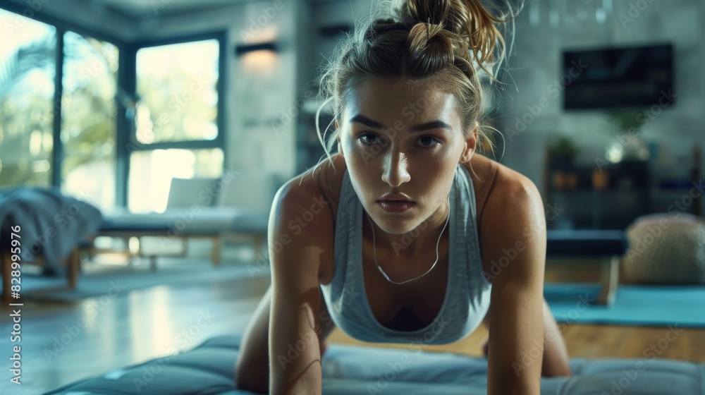 Young Woman in Athletic Gear Performing Push-Ups at Home, Focused and Determined Fitness Routine Young Woman in Athletic Gear Performing Push-Ups at Home, Focused and Determined Fitness Routine