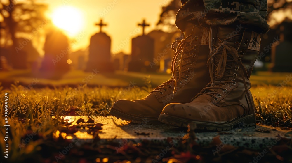 Dusty boots placed at the anonymous grave of a war hero, representing a Memorial Day tribute copy space, solemn reflection, vibrant, silhouette against a memorial park backdrop Dusty boots placed at the anonymous grave of a war hero, representing a Memorial Day tribute copy space, solemn reflection, vibrant, silhouette against a memorial park backdrop