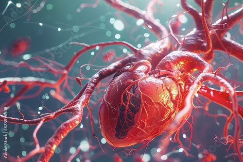 Detailed illustration of the human cardiovascular system, featuring intricate vessels and a pulsing heart selective focus, precise anatomy, realistic, overlay with a clinical lab backdrop photo