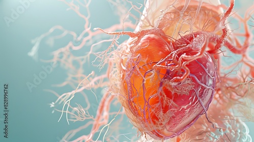 Highresolution depiction of the human cardiovascular system, highlighting intricate vessels and a pulsing heart focus on, medical study, vibrant, composite against a light blue backdrop photo