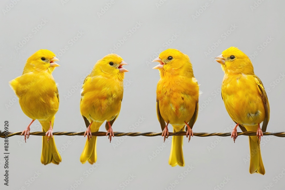 Canaries Perched on Wire Singing - Yellow Birds in Nature Canaries Perched on Wire Singing - Yellow Birds in Nature