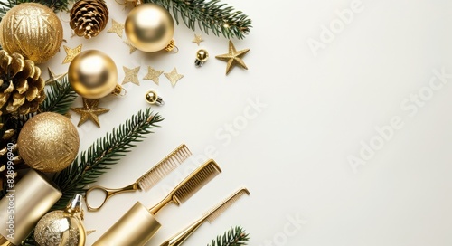 Christmas Hair. Gold Salon Accessories and Christmas Tree on White Background