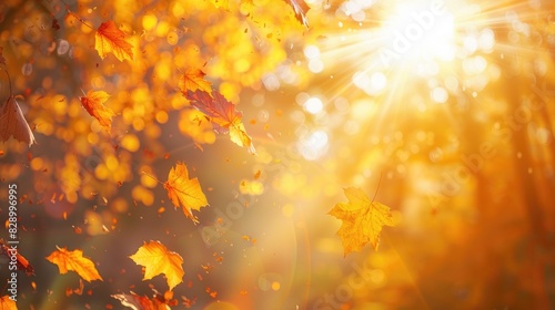 Vibrant autumn scenery featuring golden trees sunlight and colorful leaves presence in the park Natural occurrence of falling leaves