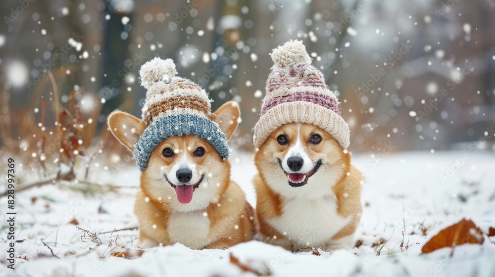 Winter Dogs. Two Cute Red Corgi Sitting Together in Funny Hats in Snowy Park Winter Dogs. Two Cute Red Corgi Sitting Together in Funny Hats in Snowy Park