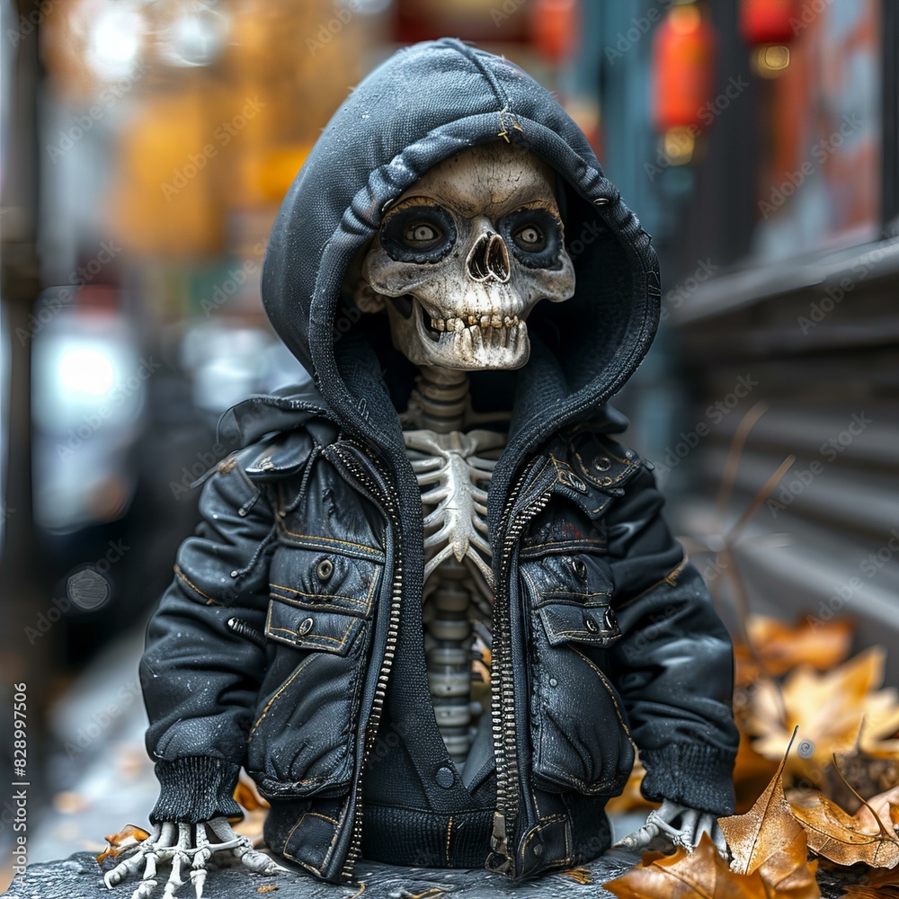 Tiny skeleton with a jacket and black hoodie on an urban street