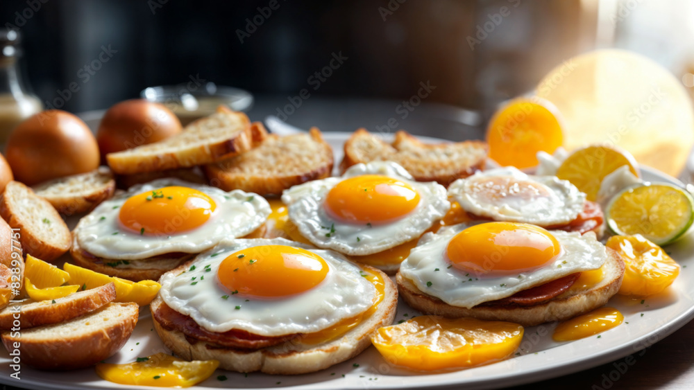 A breakfast fried eggs, toast, and bacon A breakfast fried eggs, toast, and bacon