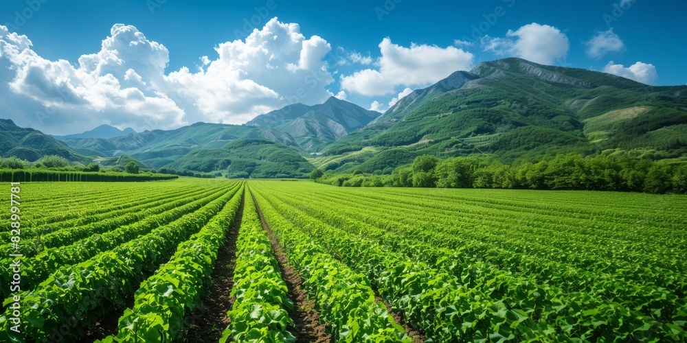 Green agricultural field with mountains in the background. Scenic landscape photography. Nature and farming concept