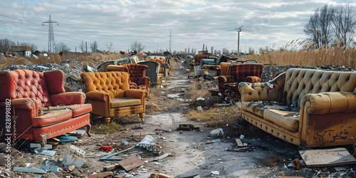 Discarded furniture piles up at a landfill site. Concept Landfill waste, Furniture disposal, Waste management, Environmental impact photo